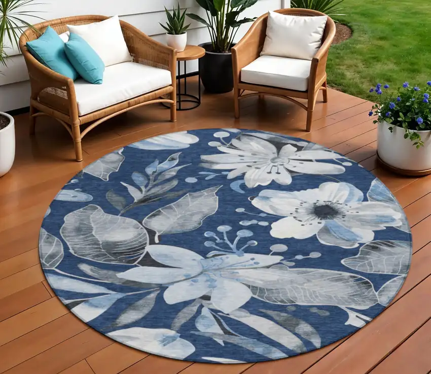 8' Navy Blue Ivory And Charcoal Round Floral Washable Indoor Outdoor Area Rug Photo 1