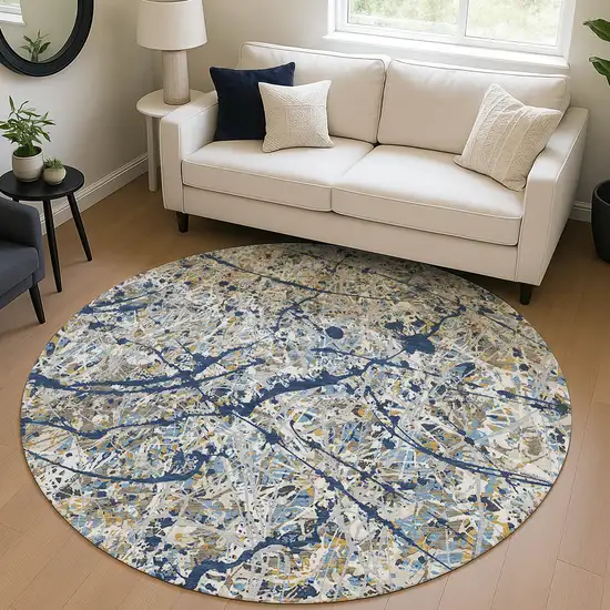 8' Navy Blue Ivory And Copper Round Abstract Washable Indoor Outdoor Area Rug Photo 4