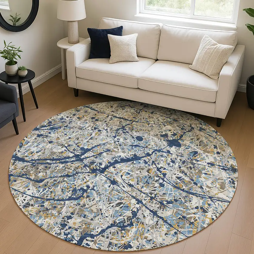 8' Navy Blue Ivory And Copper Round Abstract Washable Indoor Outdoor Area Rug Photo 4