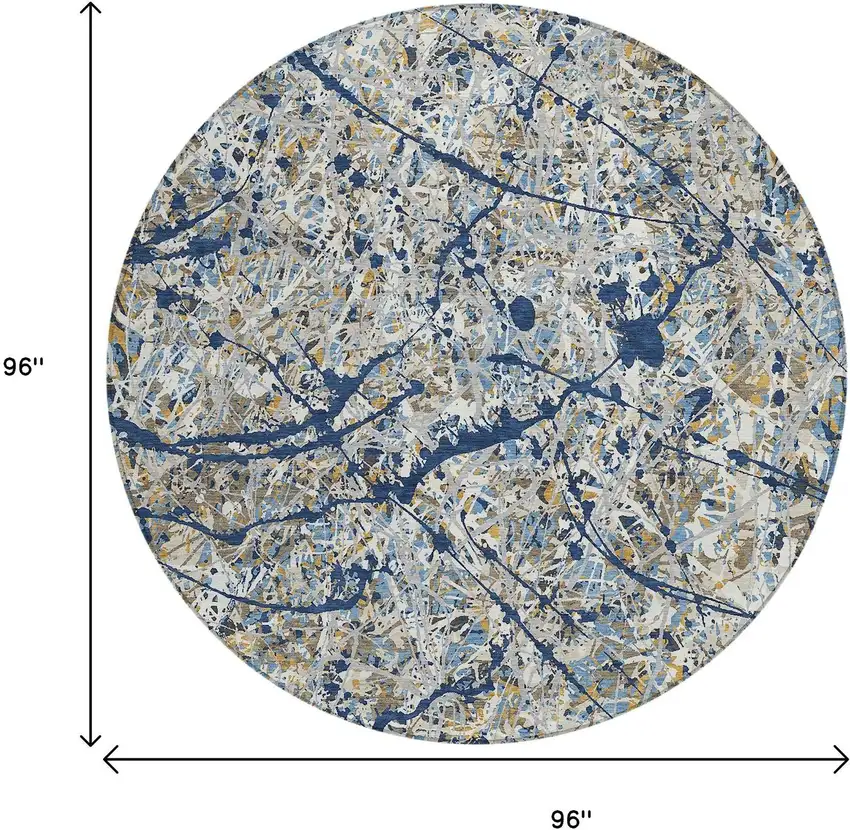 8' Navy Blue Ivory And Copper Round Abstract Washable Indoor Outdoor Area Rug Photo 9