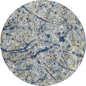 Photo of 8' Navy Blue Ivory And Copper Round Abstract Washable Indoor Outdoor Area Rug