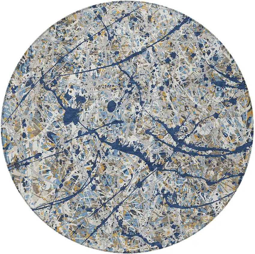 8' Navy Blue Ivory And Copper Round Abstract Washable Indoor Outdoor Area Rug Photo 2