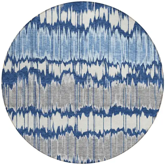 8' Navy Blue Ivory And Denim Blue Round Striped Washable Indoor Outdoor Area Rug Photo 5