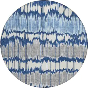 Photo of 8' Navy Blue Ivory And Denim Blue Round Striped Washable Indoor Outdoor Area Rug
