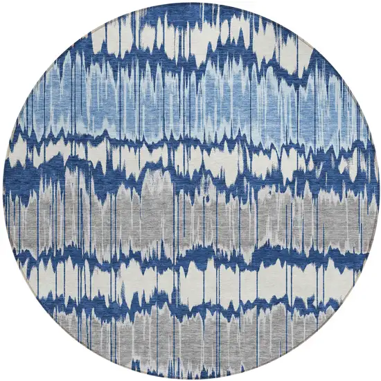 8' Navy Blue Ivory And Denim Blue Round Striped Washable Indoor Outdoor Area Rug Photo 1