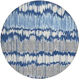 Photo of 8' Navy Blue Ivory And Denim Blue Round Striped Washable Indoor Outdoor Area Rug