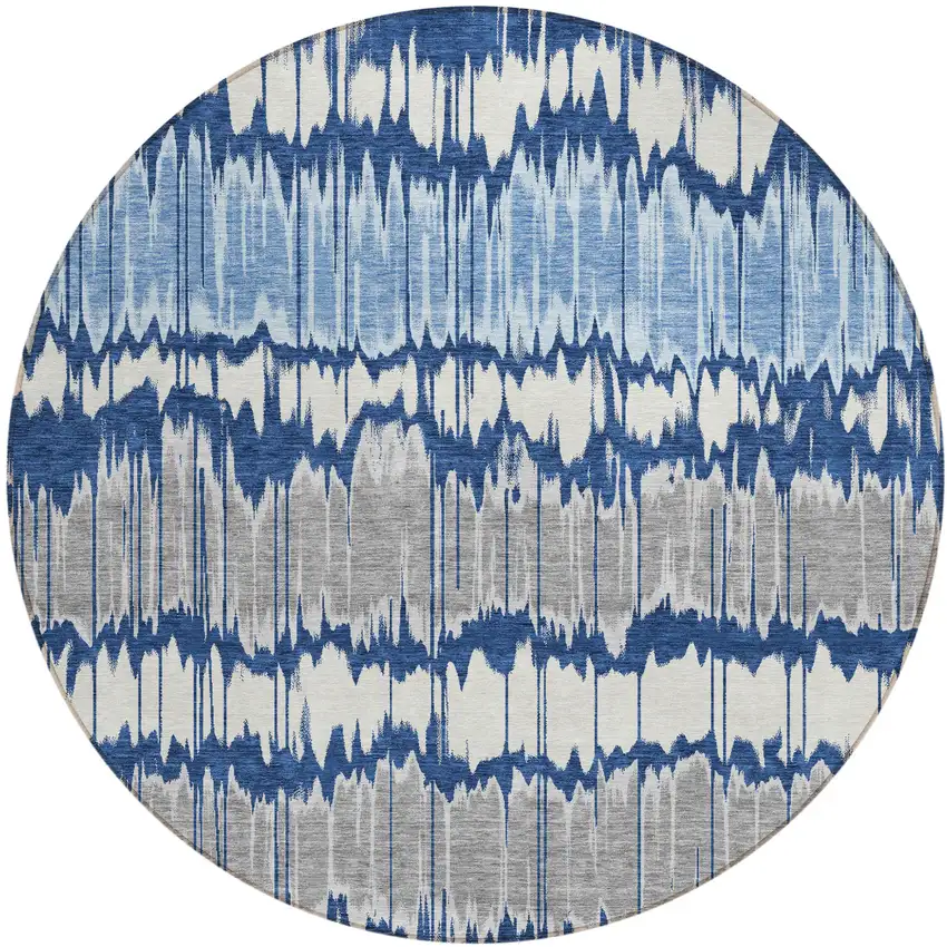 8' Navy Blue Ivory And Denim Blue Round Striped Washable Indoor Outdoor Area Rug Photo 1