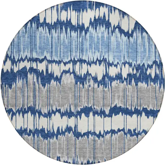 8' Navy Blue Ivory And Denim Blue Round Striped Washable Indoor Outdoor Area Rug Photo 1