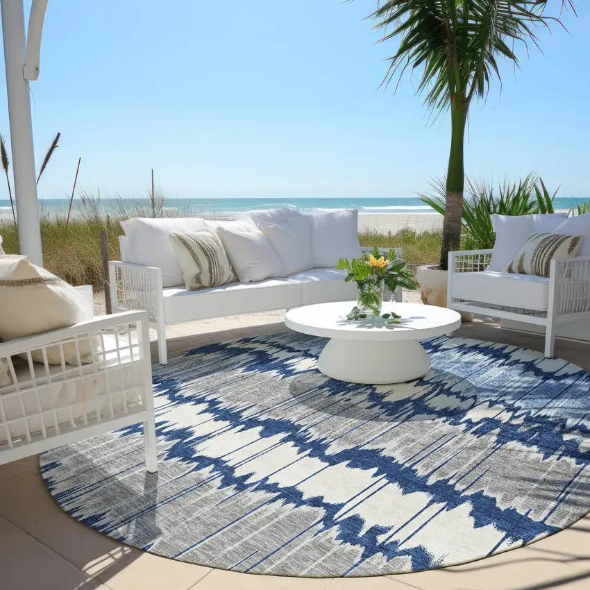 8' Navy Blue Ivory And Denim Blue Round Striped Washable Indoor Outdoor Area Rug Photo 6