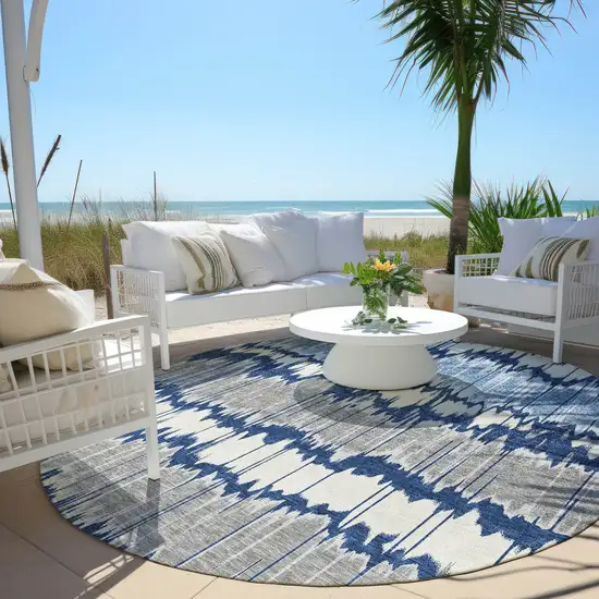 8' Navy Blue Ivory And Denim Blue Round Striped Washable Indoor Outdoor Area Rug Photo 6