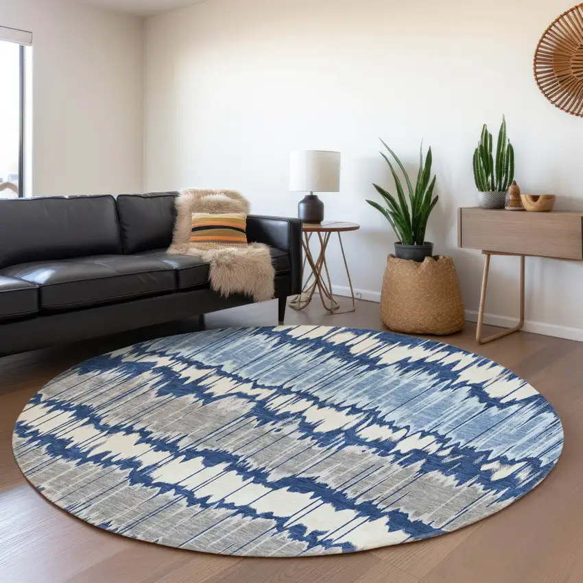 8' Navy Blue Ivory And Denim Blue Round Striped Washable Indoor Outdoor Area Rug Photo 7