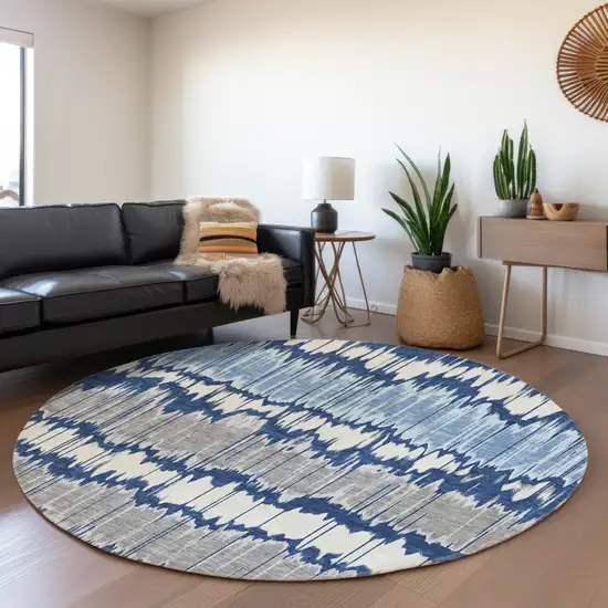 8' Navy Blue Ivory And Denim Blue Round Striped Washable Indoor Outdoor Area Rug Photo 7