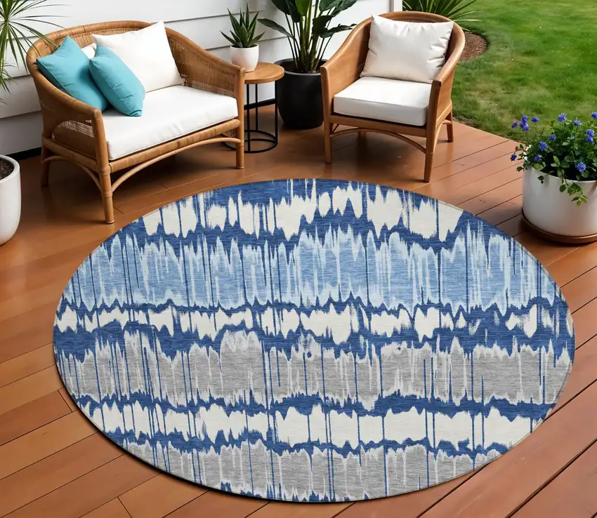 8' Navy Blue Ivory And Denim Blue Round Striped Washable Indoor Outdoor Area Rug Photo 1