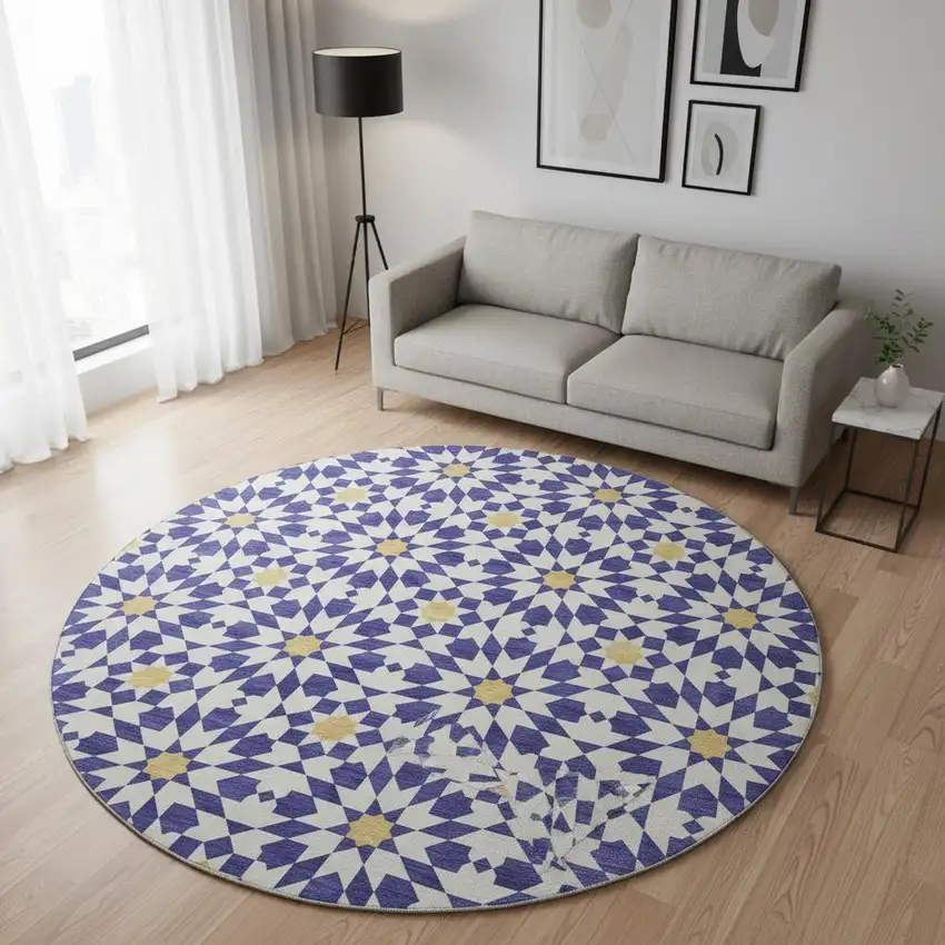 8' Navy Blue Ivory And Gold Geometric Washable Round Rug With UV Protection Photo 2
