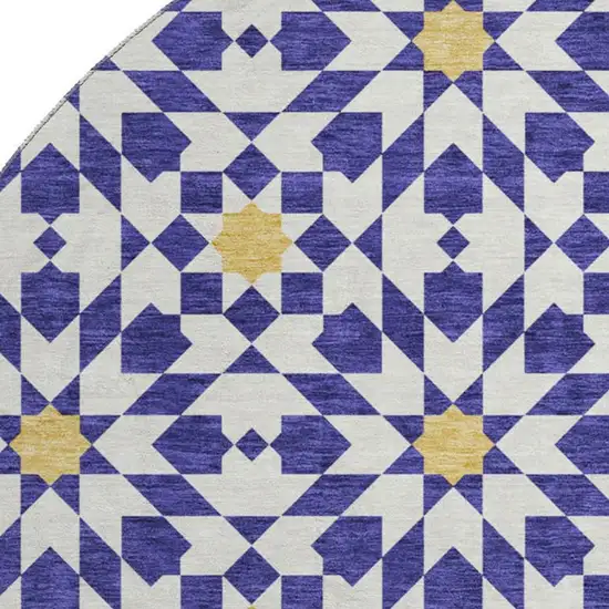 8' Navy Blue Ivory And Gold Geometric Washable Round Rug With UV Protection Photo 3