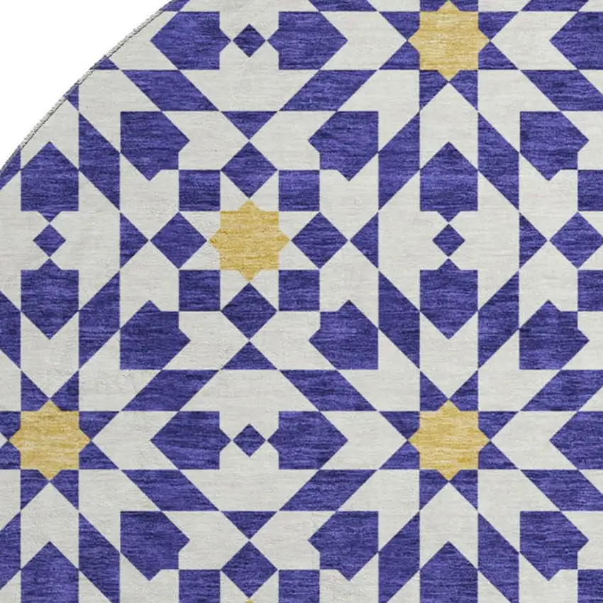 8' Navy Blue Ivory And Gold Geometric Washable Round Rug With UV Protection Photo 3