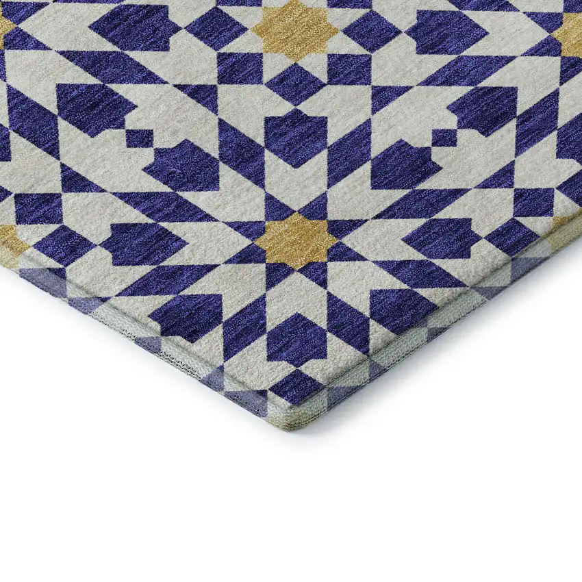 8' Navy Blue Ivory And Gold Geometric Washable Round Rug With UV Protection Photo 7