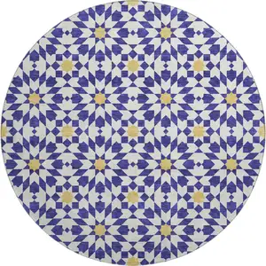 Photo of 8' Navy Blue Ivory And Gold Geometric Washable Round Rug With UV Protection