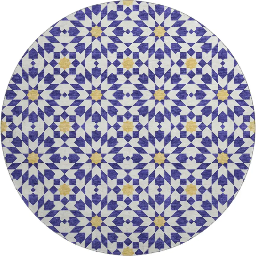 8' Navy Blue Ivory And Gold Geometric Washable Round Rug With UV Protection Photo 1