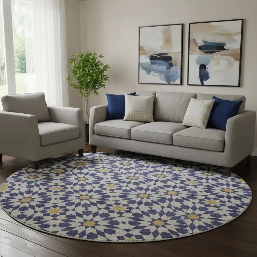 8' Navy Blue Ivory And Gold Geometric Washable Round Rug With UV Protection Photo 1