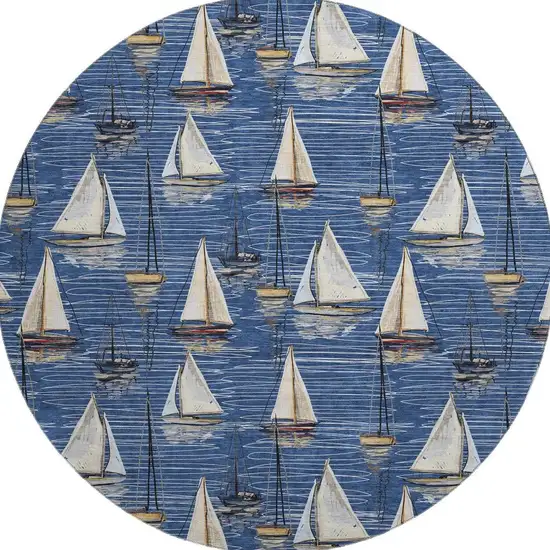 8' Navy Blue Ivory And Gold Nautical Washable Round Rug With UV Protection Photo 5