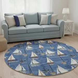 Photo of 8' Navy Blue Ivory And Gold Nautical Washable Round Rug With UV Protection
