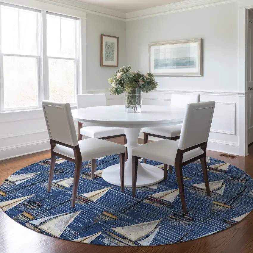 8' Navy Blue Ivory And Gold Nautical Washable Round Rug With UV Protection Photo 6