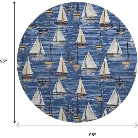 8' Navy Blue Ivory And Gold Nautical Washable Round Rug With UV Protection Photo 3
