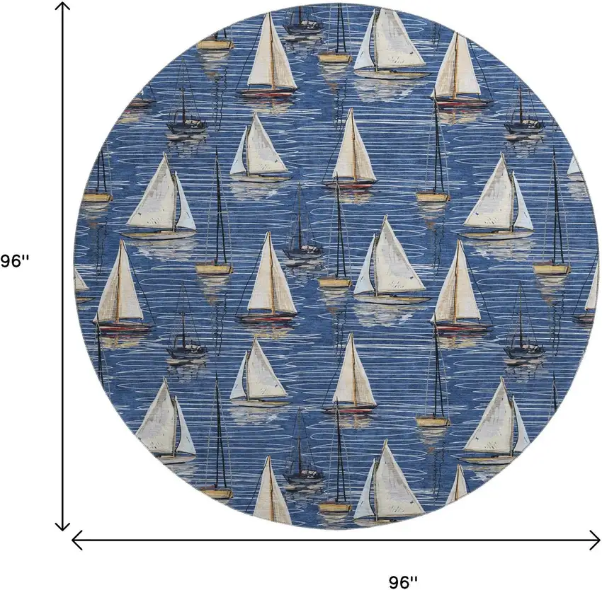 8' Navy Blue Ivory And Gold Nautical Washable Round Rug With UV Protection Photo 3