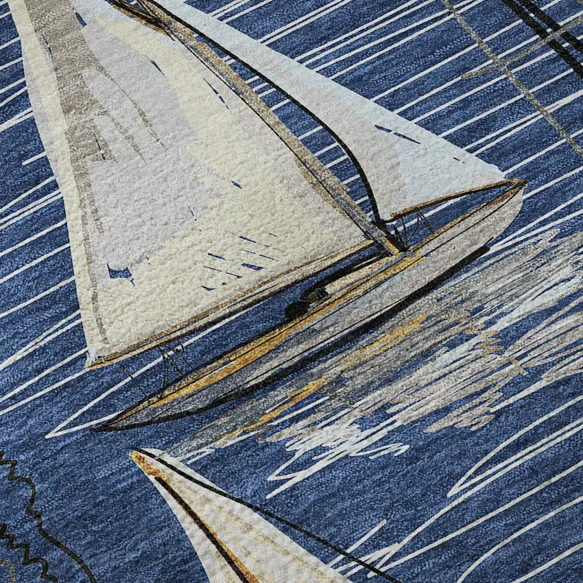 8' Navy Blue Ivory And Gold Nautical Washable Round Rug With UV Protection Photo 9