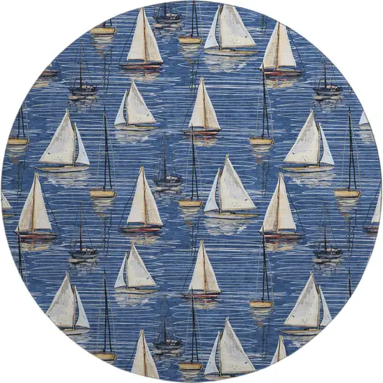 8' Navy Blue Ivory And Gold Nautical Washable Round Rug With UV Protection Photo 2