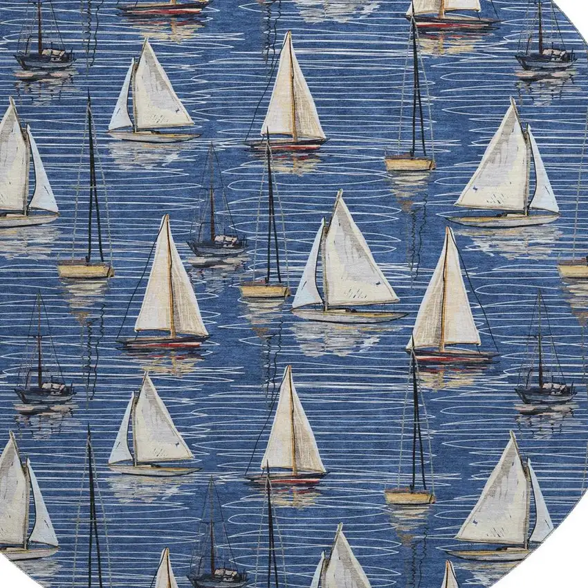 8' Navy Blue Ivory And Gold Nautical Washable Round Rug With UV Protection Photo 4