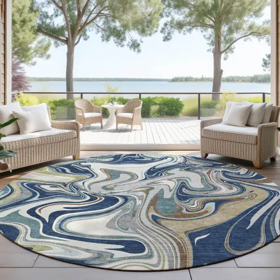 8' Navy Blue Ivory And Gold Round Abstract Washable Indoor Outdoor Area Rug Photo 4