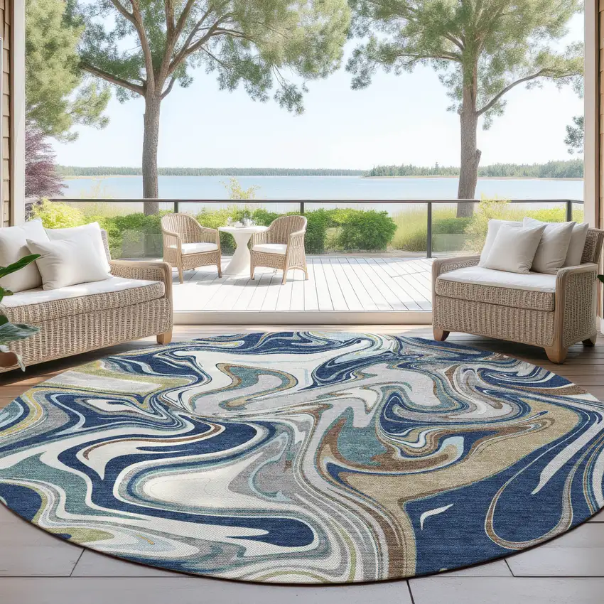 8' Navy Blue Ivory And Gold Round Abstract Washable Indoor Outdoor Area Rug Photo 4