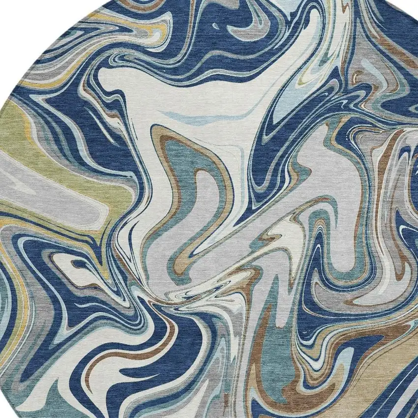 8' Navy Blue Ivory And Gold Round Abstract Washable Indoor Outdoor Area Rug Photo 2