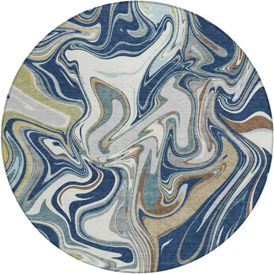 8' Navy Blue Ivory And Gold Round Abstract Washable Indoor Outdoor Area Rug Photo 1