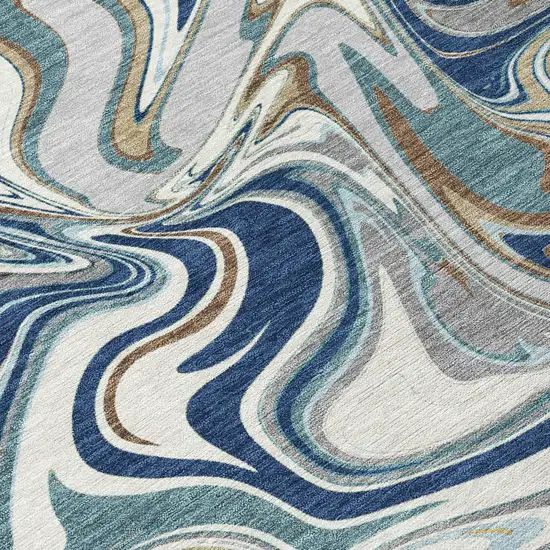 8' Navy Blue Ivory And Gold Round Abstract Washable Indoor Outdoor Area Rug Photo 9