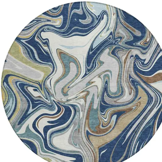 8' Navy Blue Ivory And Gold Round Abstract Washable Indoor Outdoor Area Rug Photo 3