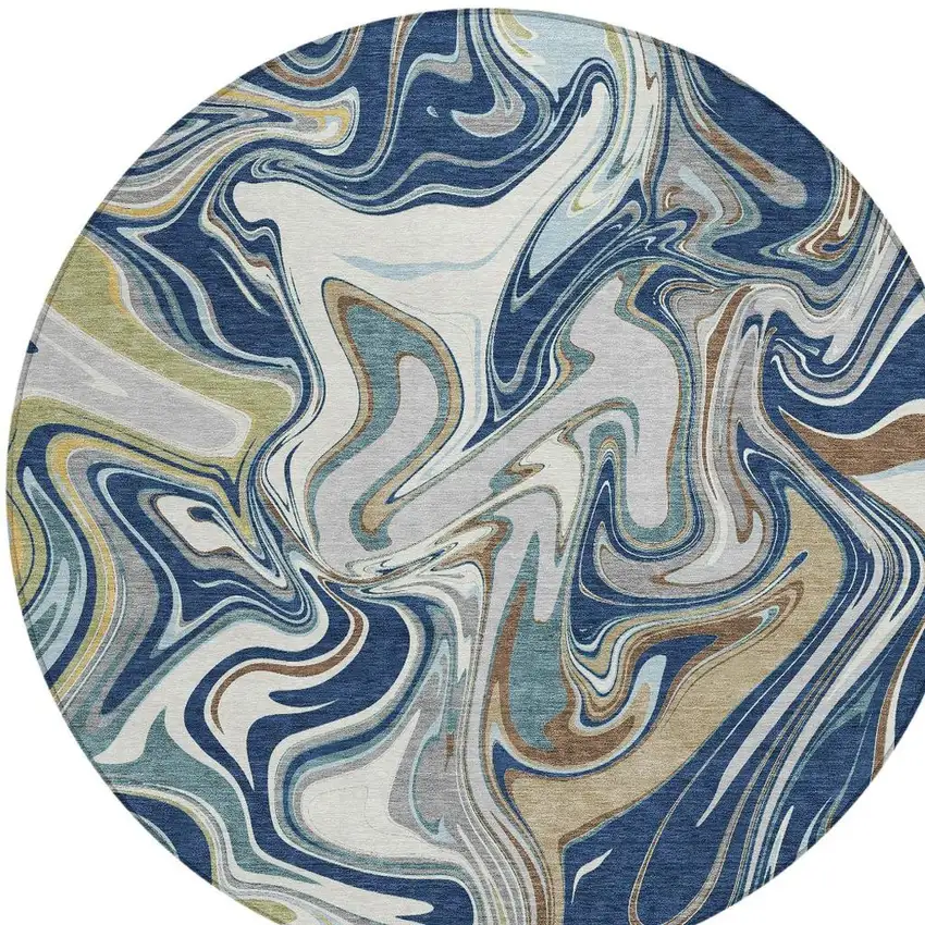 8' Navy Blue Ivory And Gold Round Abstract Washable Indoor Outdoor Area Rug Photo 3