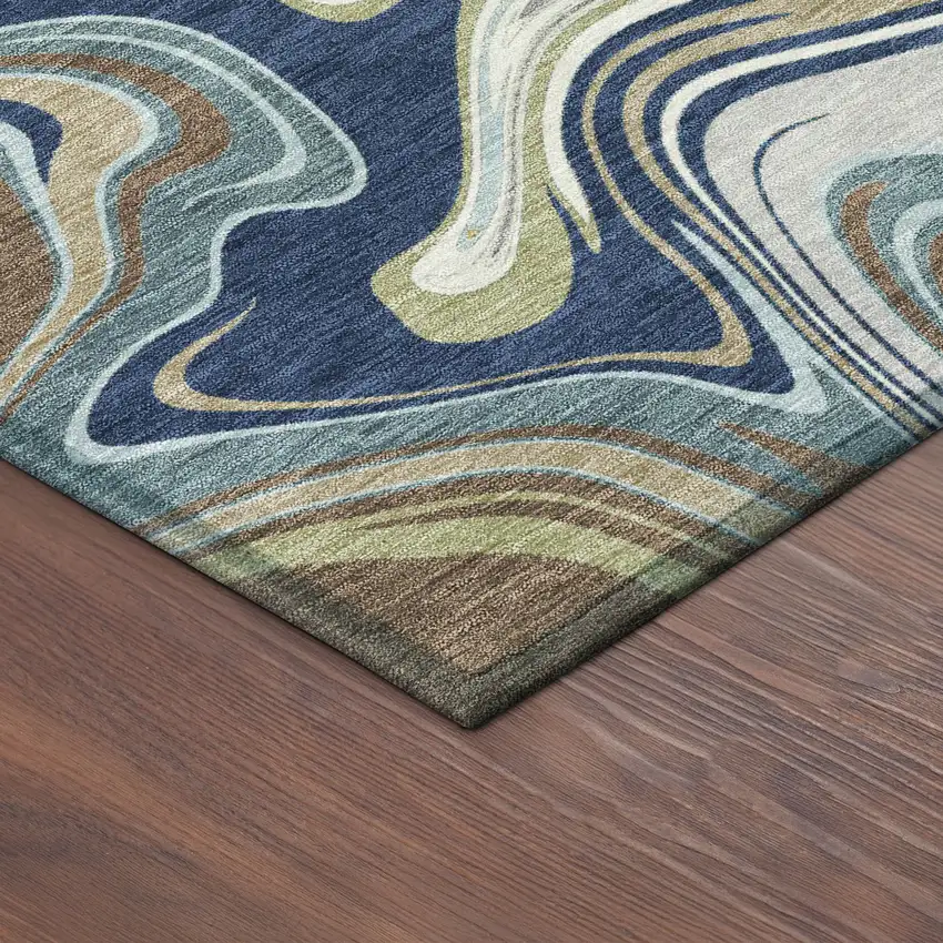 8' Navy Blue Ivory And Gold Round Abstract Washable Indoor Outdoor Area Rug Photo 8