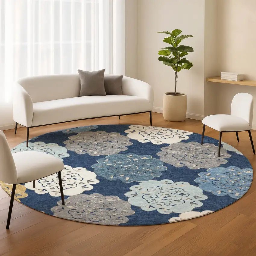 8' Navy Blue Ivory And Gold Round Quatrefoil Washable Indoor Outdoor Area Rug Photo 9