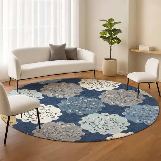 8' Navy Blue Ivory And Gold Round Quatrefoil Washable Indoor Outdoor Area Rug Photo 9