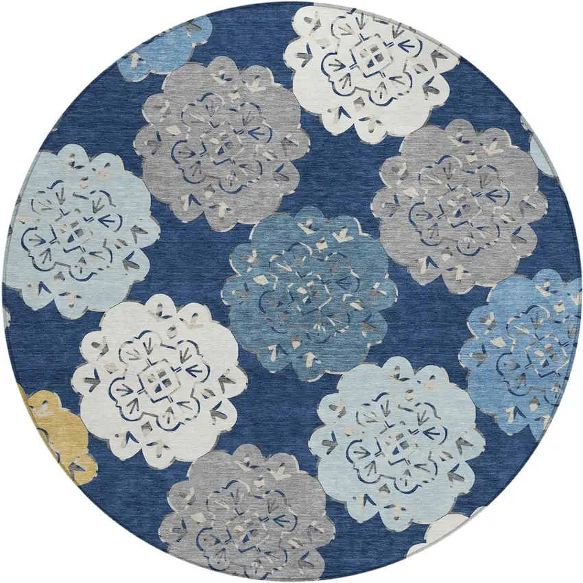 8' Navy Blue Ivory And Gold Round Quatrefoil Washable Indoor Outdoor Area Rug Photo 2