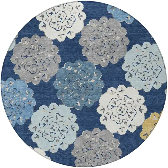 8' Navy Blue Ivory And Gold Round Quatrefoil Washable Indoor Outdoor Area Rug Photo 4