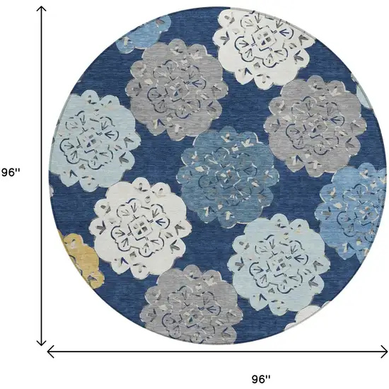 8' Navy Blue Ivory And Gold Round Quatrefoil Washable Indoor Outdoor Area Rug Photo 3