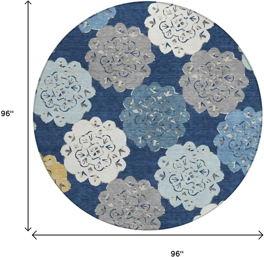 8' Navy Blue Ivory And Gold Round Quatrefoil Washable Indoor Outdoor Area Rug Photo 3