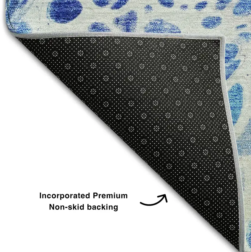 8' Navy Blue Ivory And Gray Abstract Washable Round Rug With UV Protection Photo 7