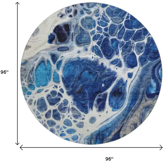 8' Navy Blue Ivory And Gray Abstract Washable Round Rug With UV Protection Photo 6