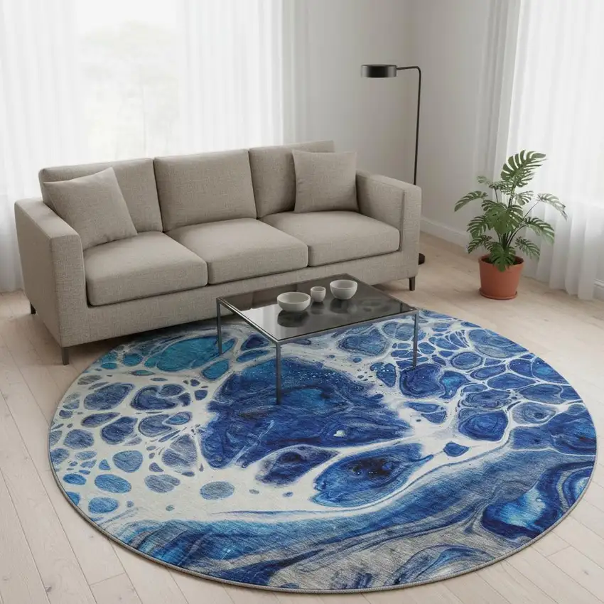 8' Navy Blue Ivory And Gray Abstract Washable Round Rug With UV Protection Photo 2