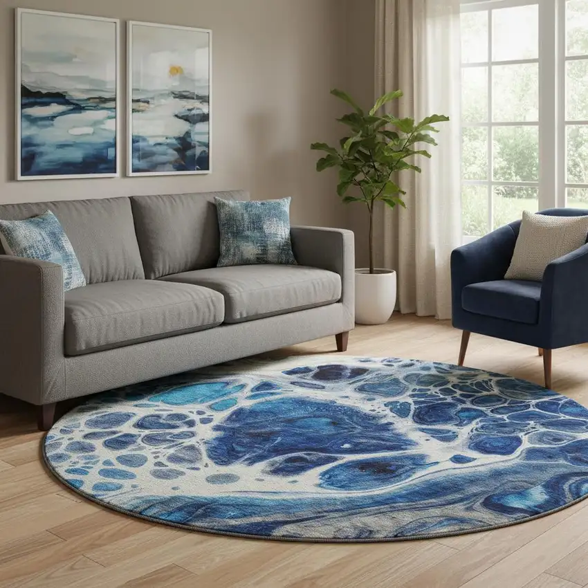 8' Navy Blue Ivory And Gray Abstract Washable Round Rug With UV Protection Photo 1